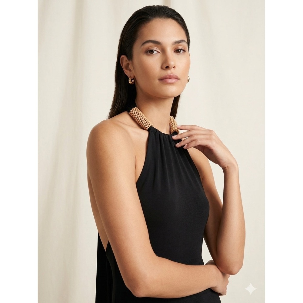 Claudia Richard Black Halter Maxi Dress Wood‎ Bead Detail Open Back Small